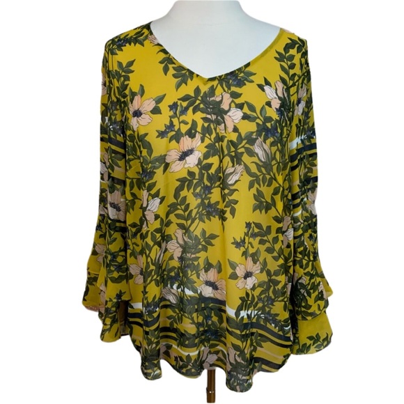 CAbi Tops - CAbi Sheer Floral Blouse Size XL Deep V-Neck Yellow Green